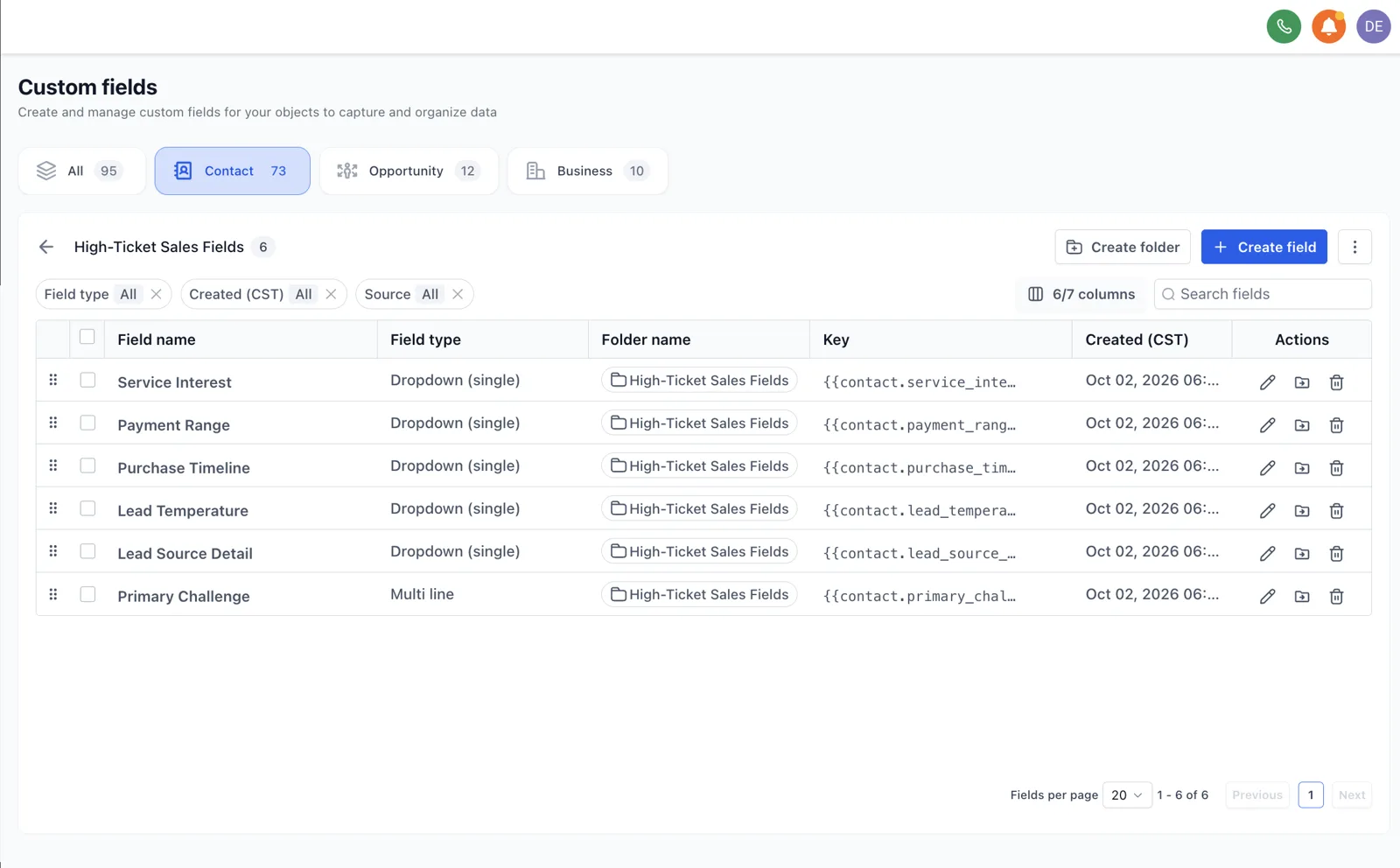 GoHighLevel custom fields in the High-Ticket Sales Fields folder